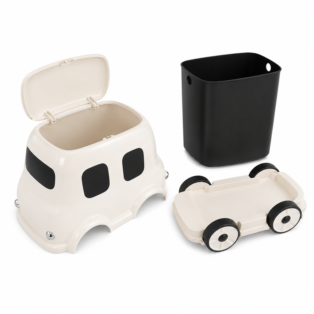 Rolling Cartoon Bus Trash Bin | Double-Layer Press-Open Waste Basket | 12L