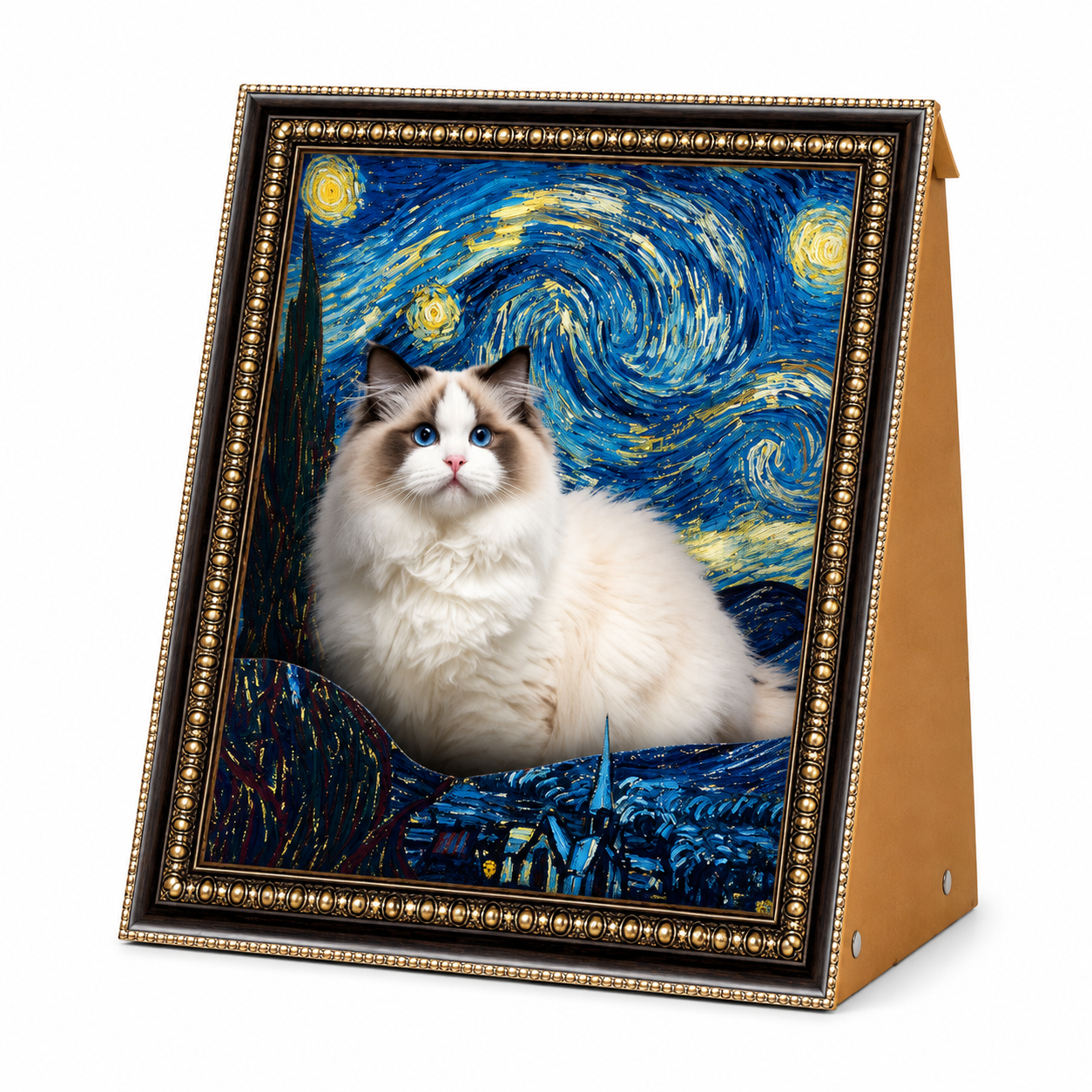 Creative Van Gogh Starry Night Oil Painting Cat House and Scratcher 2-in-1