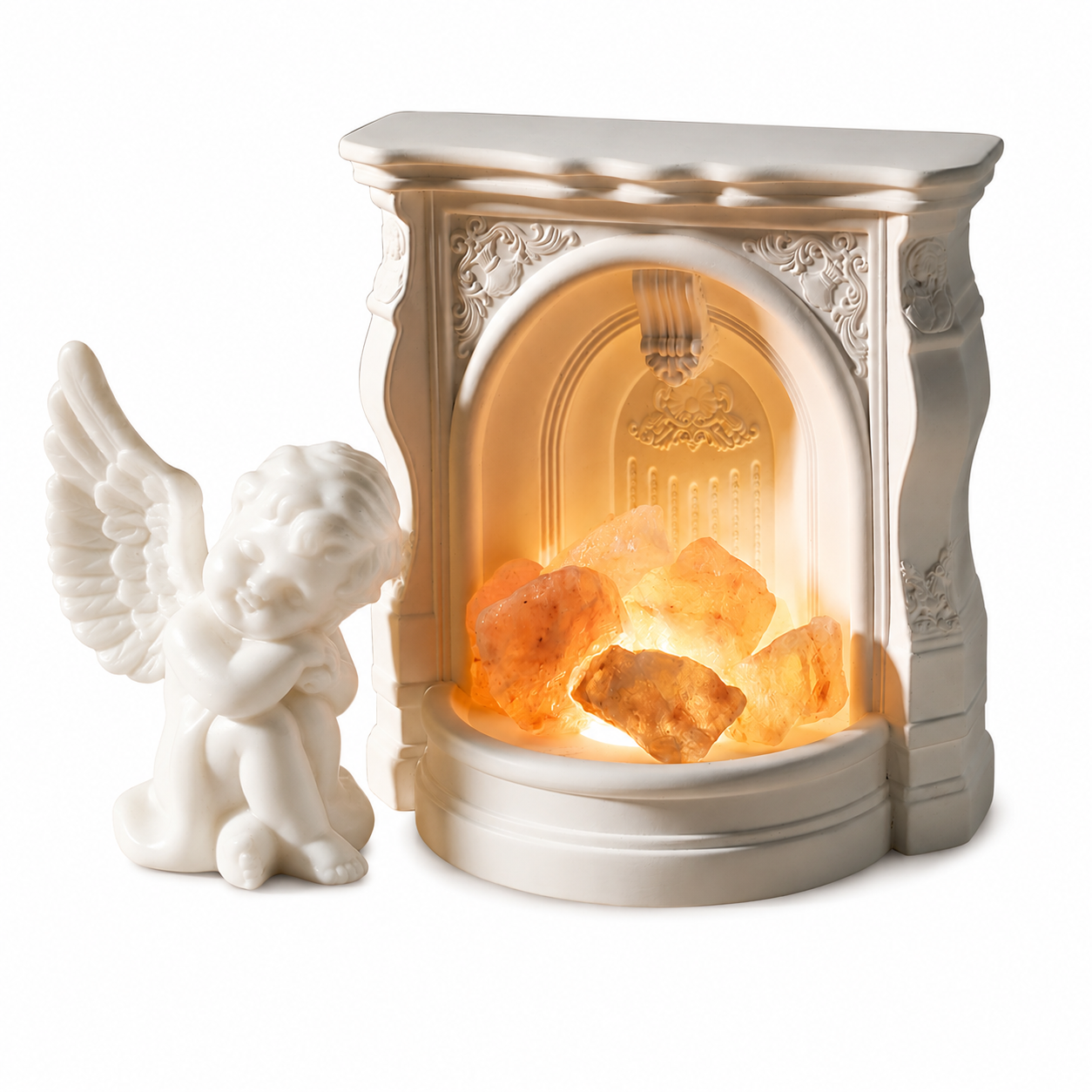 Angel Fireplace Aromatherapy Diffuser Set | Decorative Aroma Stone Night Light | Elegant Home Décor Ornament